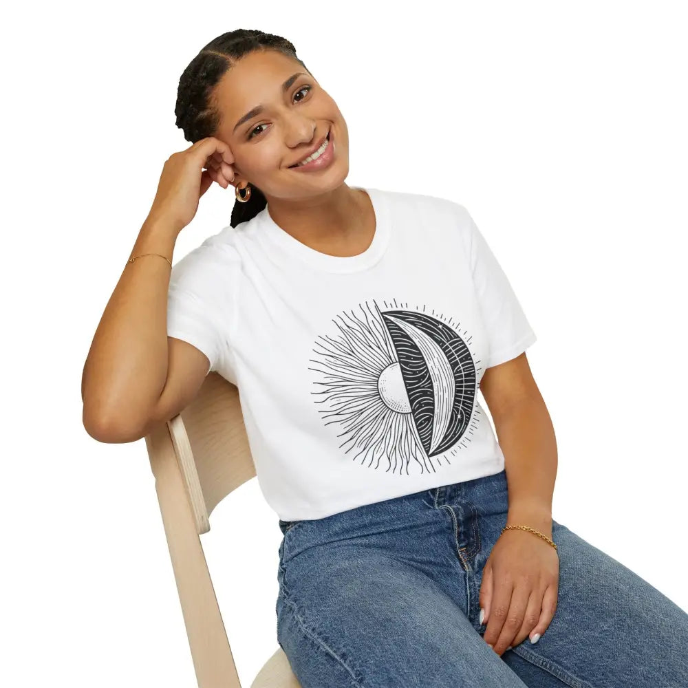Woman wearing a white celestial sun moon unisex softstyle t-shirt with ribbed collar retains seamless design reduces