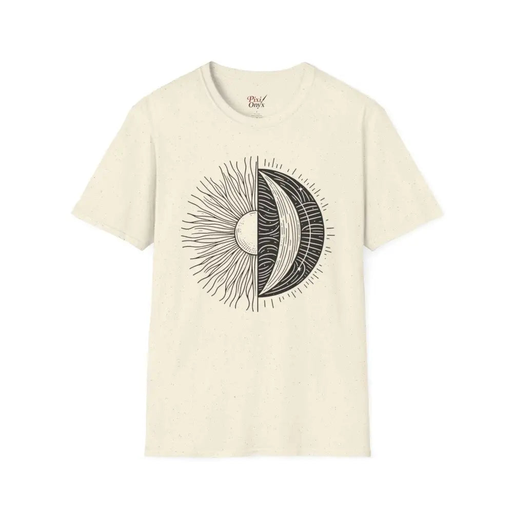 Cream-colored unisex softstyle t-shirt with sun and moon graphic and seamless design
