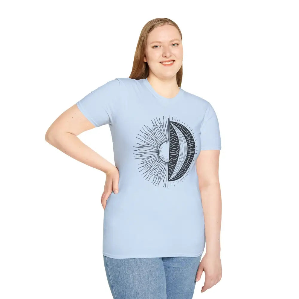 Light blue unisex softstyle t-shirt with sun and moon design, seamless and ribbed collar retains