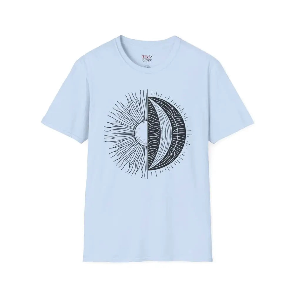 Light blue unisex softstyle t-shirt with sun and moon design, seamless style, ribbed collar retains comfort