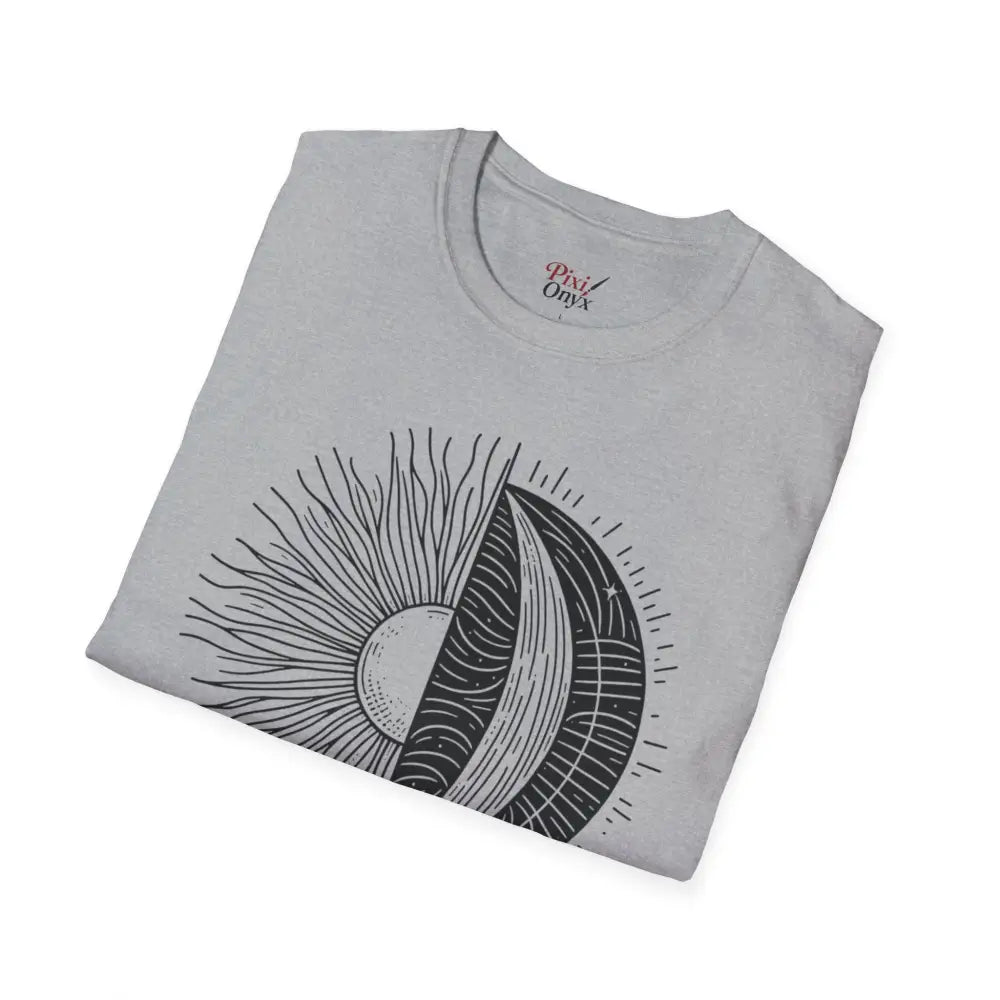 Light gray unisex softstyle t-shirt with celestial sun and moon graphic and seamless design