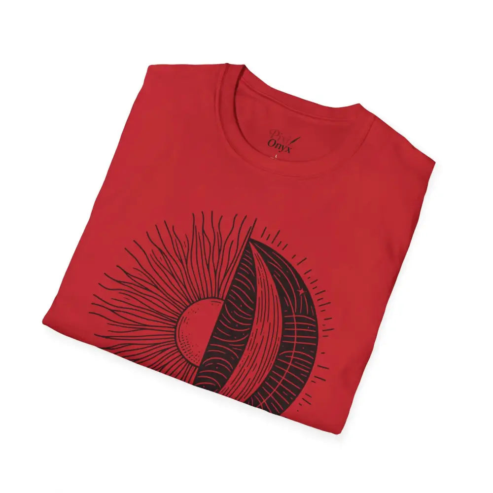 Red unisex softstyle t-shirt with black sun and abstract design, seamless and ribbed collar retains style