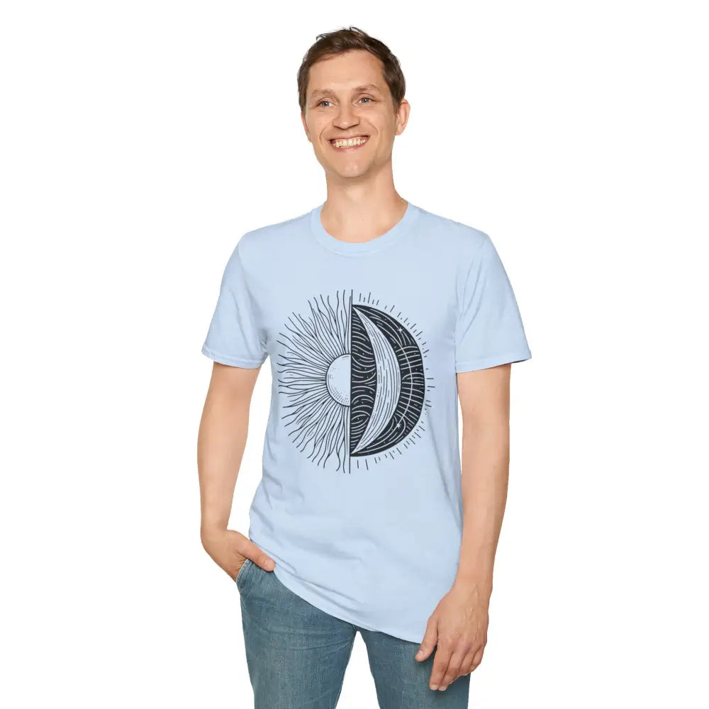 Light blue unisex softstyle t-shirt with sun and moon graphic, seamless design reduces chafing