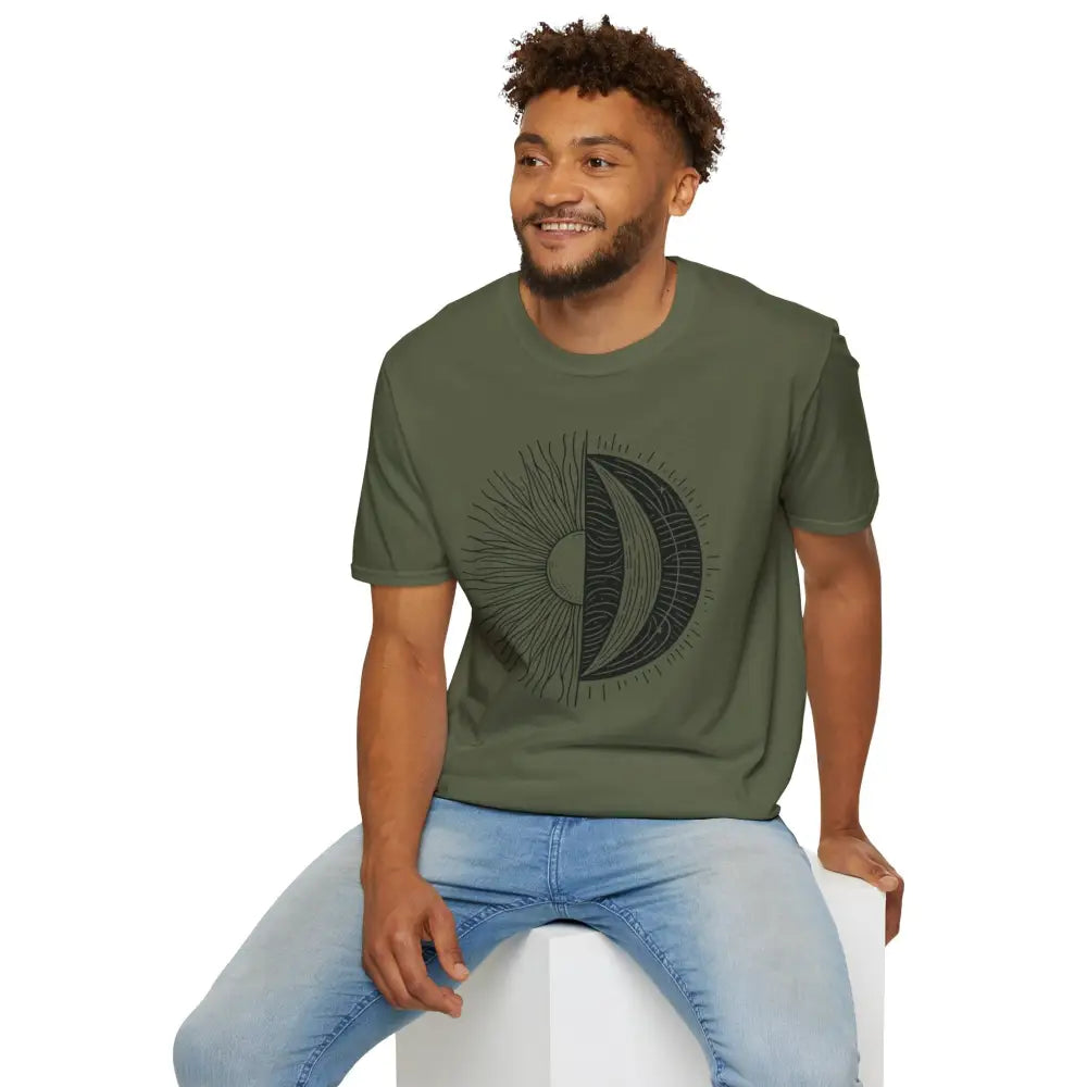 Man wearing a celestial sun and moon unisex softstyle t-shirt with seamless design