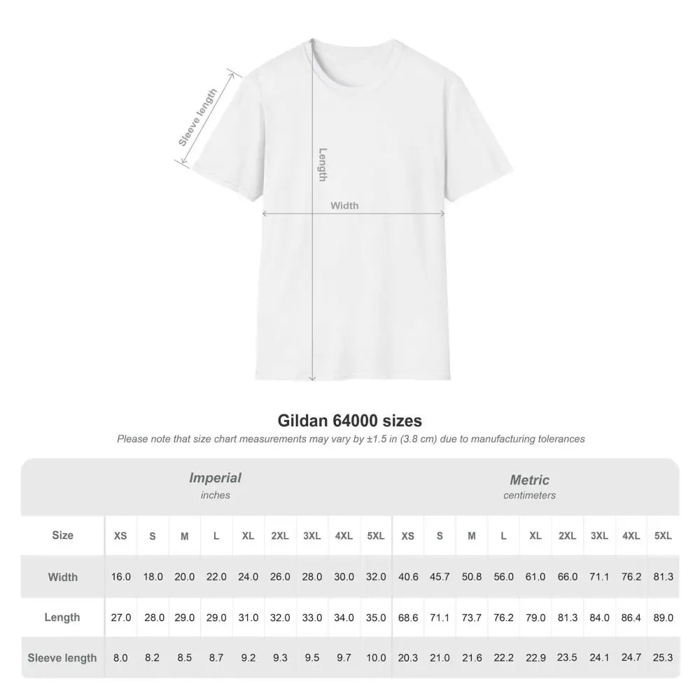 Unisex softstyle T-shirt with size chart, seamless design reduces discomfort, ribbed collar retains shape