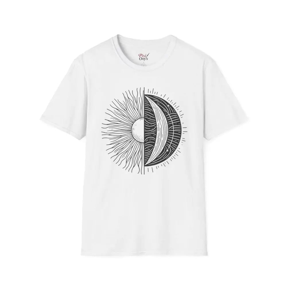 White unisex softstyle t-shirt with sun and moon graphic design, seamless, ribbed collar retains style