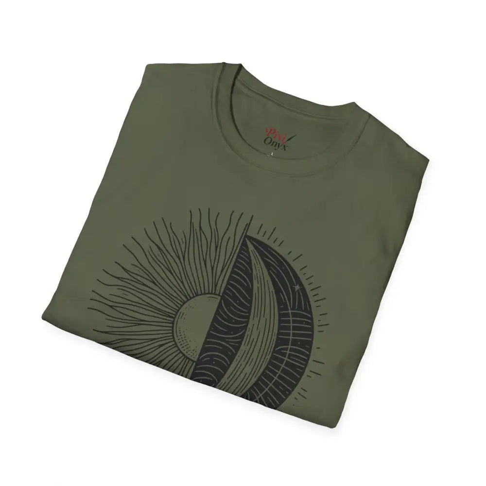 Olive green unisex softstyle t-shirt with black sun and layered graphic, seamless design