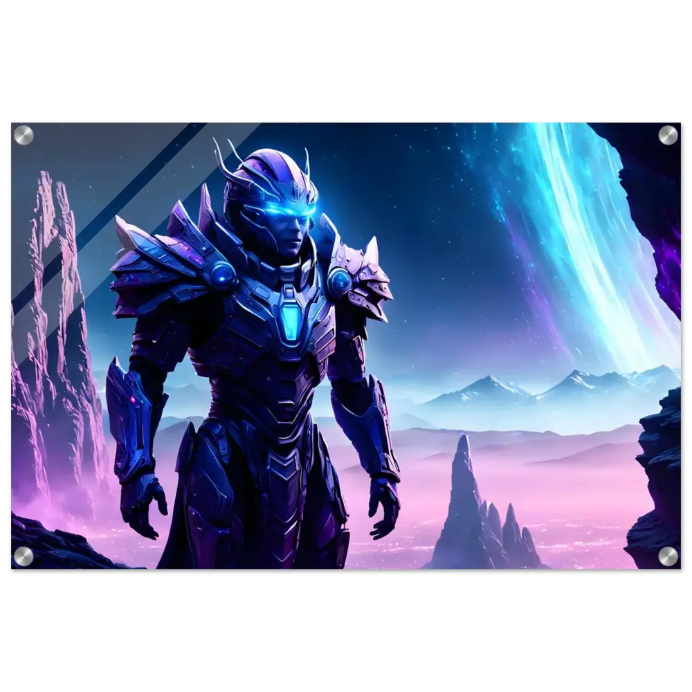Futuristic armored warrior displayed on Celestial Vanguard Acrylic Print in Voidsteel Vision