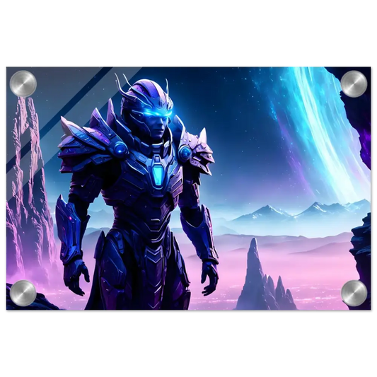 Futuristic armored warrior depicted in Celestial Vanguard Acrylic Print Voidsteel Vision