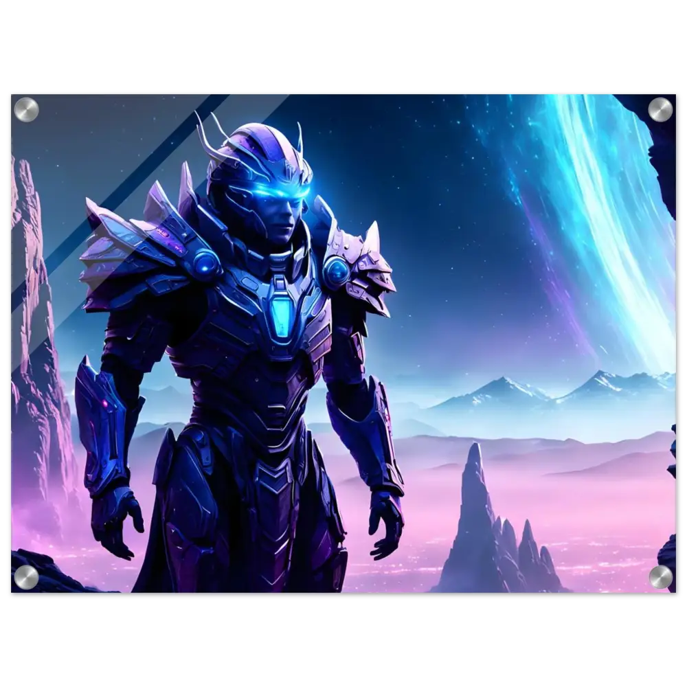 Futuristic armored warrior with glowing eyes on Celestial Vanguard Acrylic Print by PixiOnyx