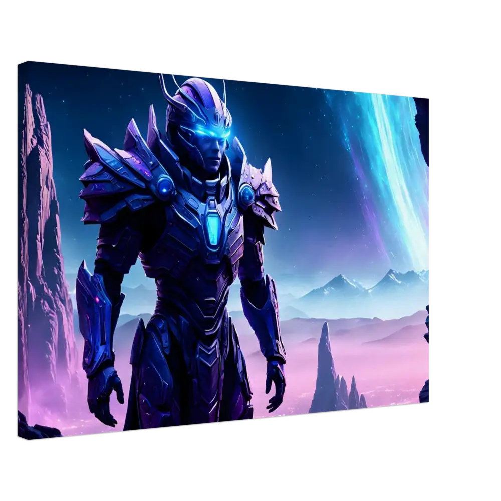 Futuristic armored warrior digital art displayed on Celestial Vanguard Canvas by PixiOnyx