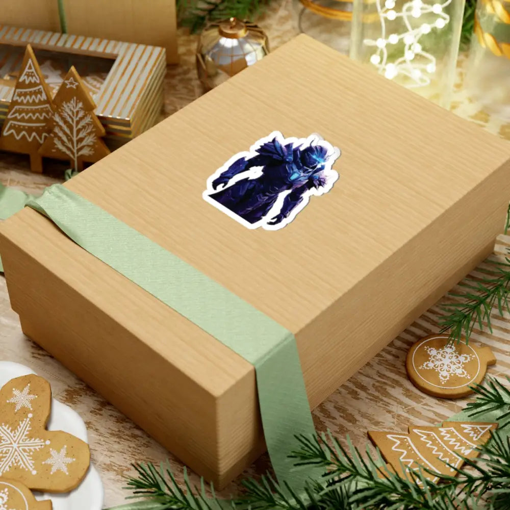 Gift box with a sticker from Celestial Vanguard Futuristic Armor Kiss-Cut Sticker PixiOnyx Vinyl Decal