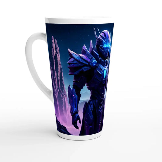 Latte mug with futuristic knight design from Celestial Vanguard Starfield Sipware collection