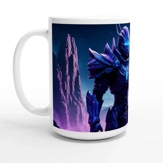 White mug with armored knight design from Celestial Vanguard Mug Hypercore Brew Tank