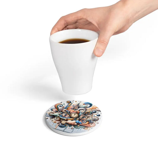Coffee cup above whimsical pastel ceramic coaster from PixiOnyx Mechanica tableware