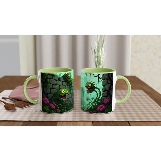 Two monster-themed ceramic mugs from PixiOnyx Surreal Fantasy Nature collection