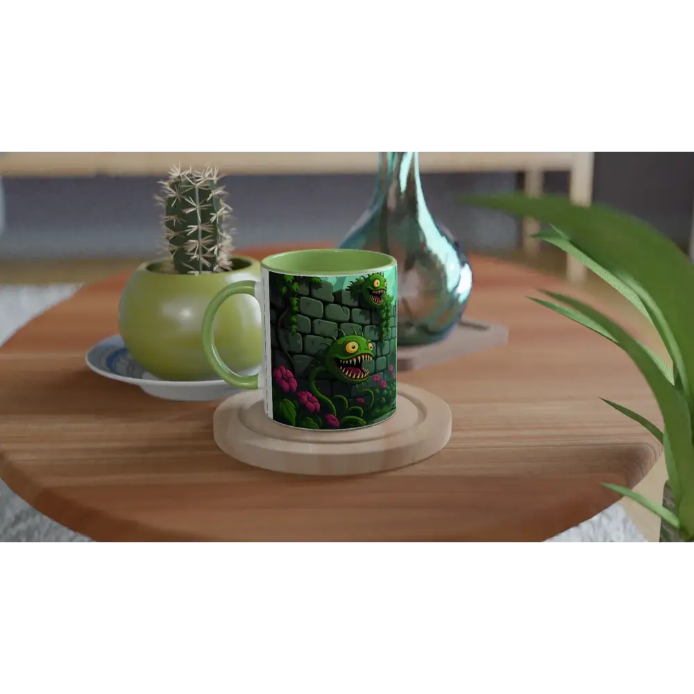 Green ceramic mug with a monster design from Grinvine Grove PixiOnyx Surreal Fantasy Nature