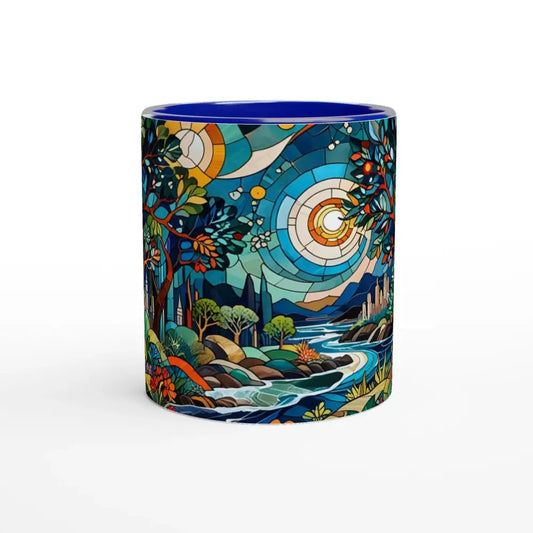 Blue-lined ceramic mug with stained-glass landscape design from PixiOnyx Kaleidoscape series