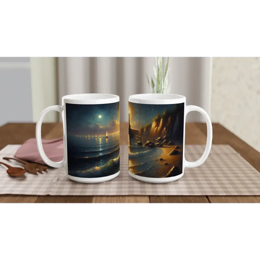 Ceramic Mug 15oz with beach scenes from PixiOnyx Painterly Lighthouse Series