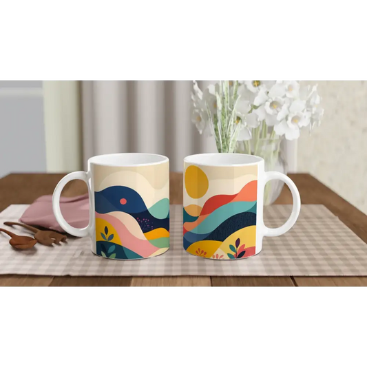 Decorative ceramic mugs featuring abstract nature landscape design for PixiOnyx Dreamscape Sip