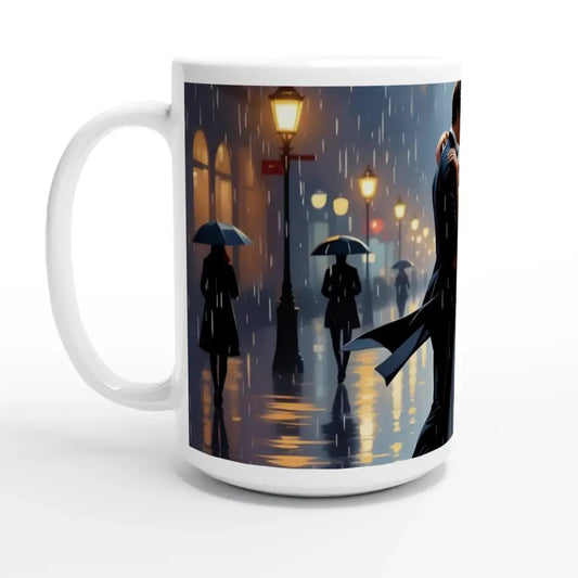White ceramic mug with rainy street scene from PixiOnyx Rainy Romance collection