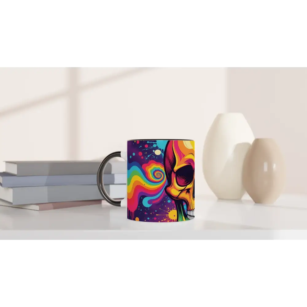 Colorful skull mug with neon psychedelic design in the Ceramic Mug with Color Inside 11oz PixiOnyx collection