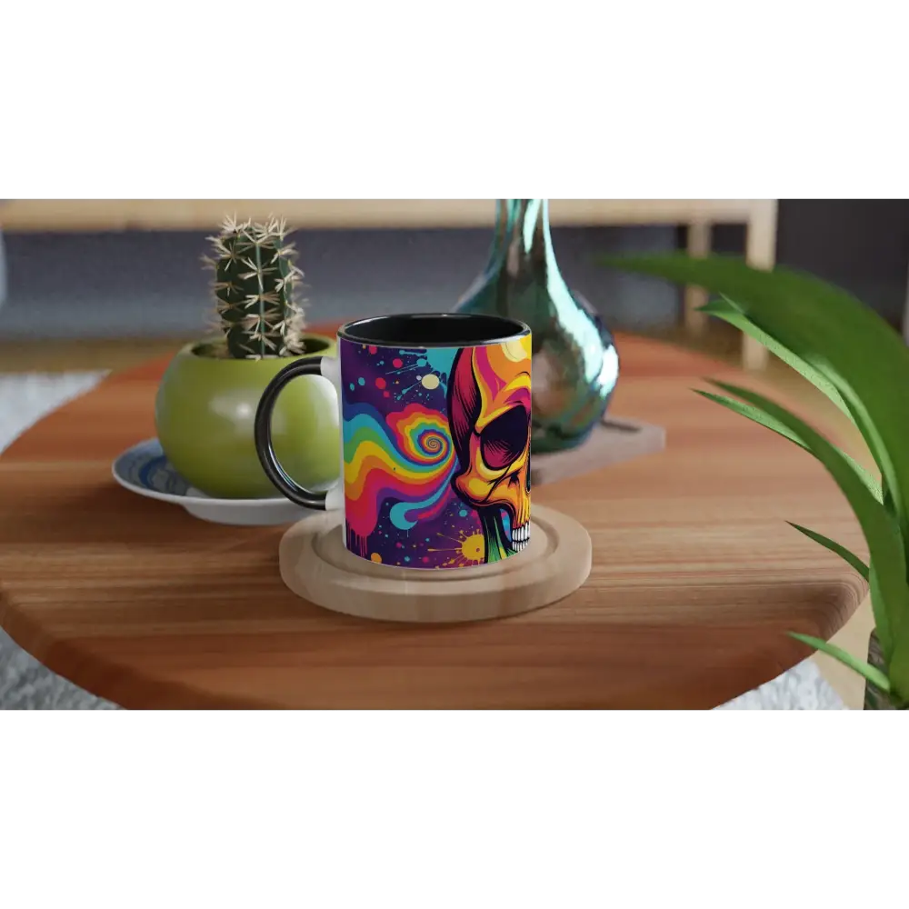 Colorful skull mug with neon psychedelic design from PixiOnyx Abstract Morning Vibe