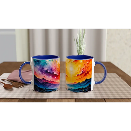 Ceramic mug with colorful abstract cloud design from PixiOnyx Surreal Sipware Radiant Horizon