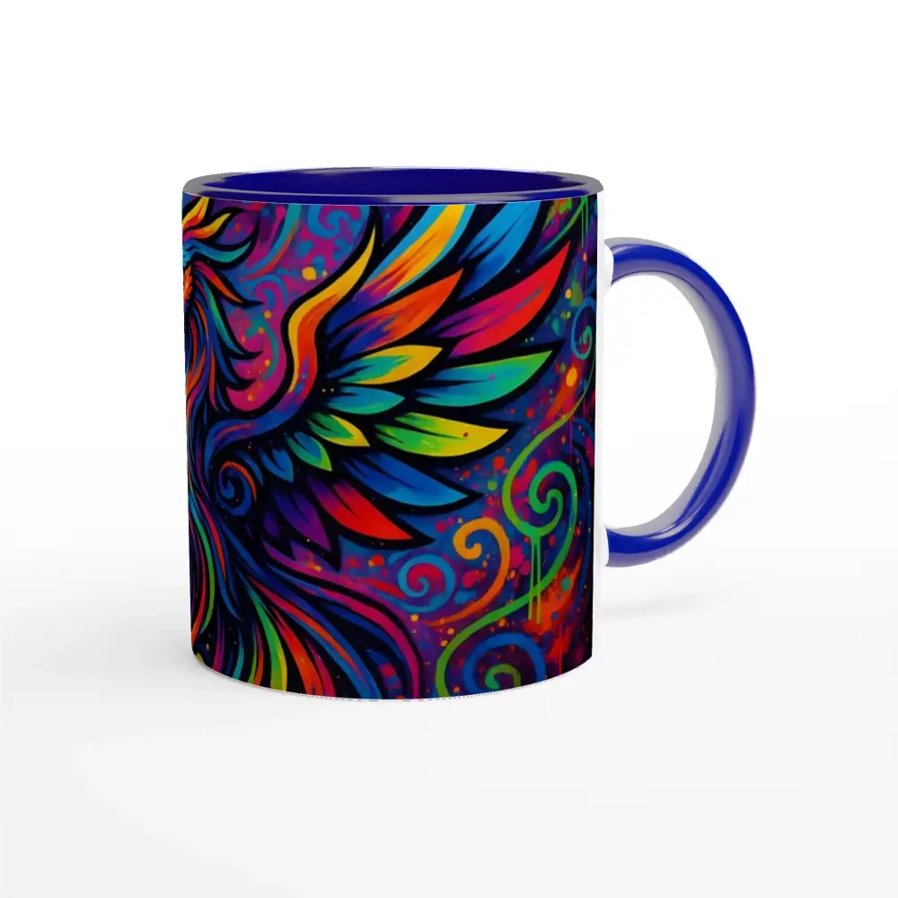Colorful winged ceramic mug with neon flame inside from PixiOnyx Abstract Psychedelic collection
