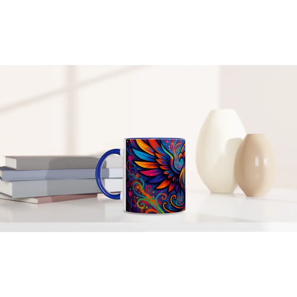 Colorful phoenix mug with neon flame design from PixiOnyx Abstract Psychedelic Graffiti collection