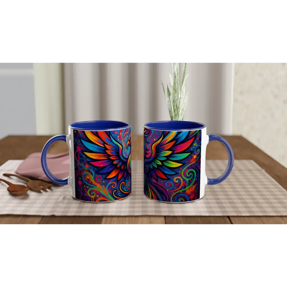 Colorful phoenix mugs with neon flame details in the PixiOnyx psychedelic graffiti ceramic mug