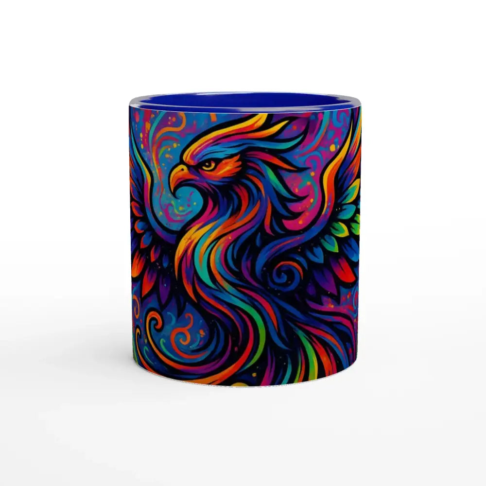 Colorful phoenix mug with neon flame design from PixiOnyx Abstract Psychedelic Graffiti Mug