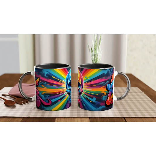 Colorful skull mugs from the Chromadelic Skullburst 11oz Mug Psychedelic Graffiti collection