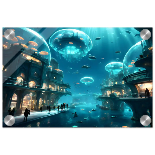 Underwater city with Jellyfish Domes on Tranquil Capsuleverse Acrylic Print by PixiOnyx