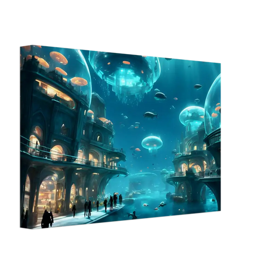 Underwater city with jellyfish domes on Coral Tech Haven Wall Art by PixiOnyx Dreamcore