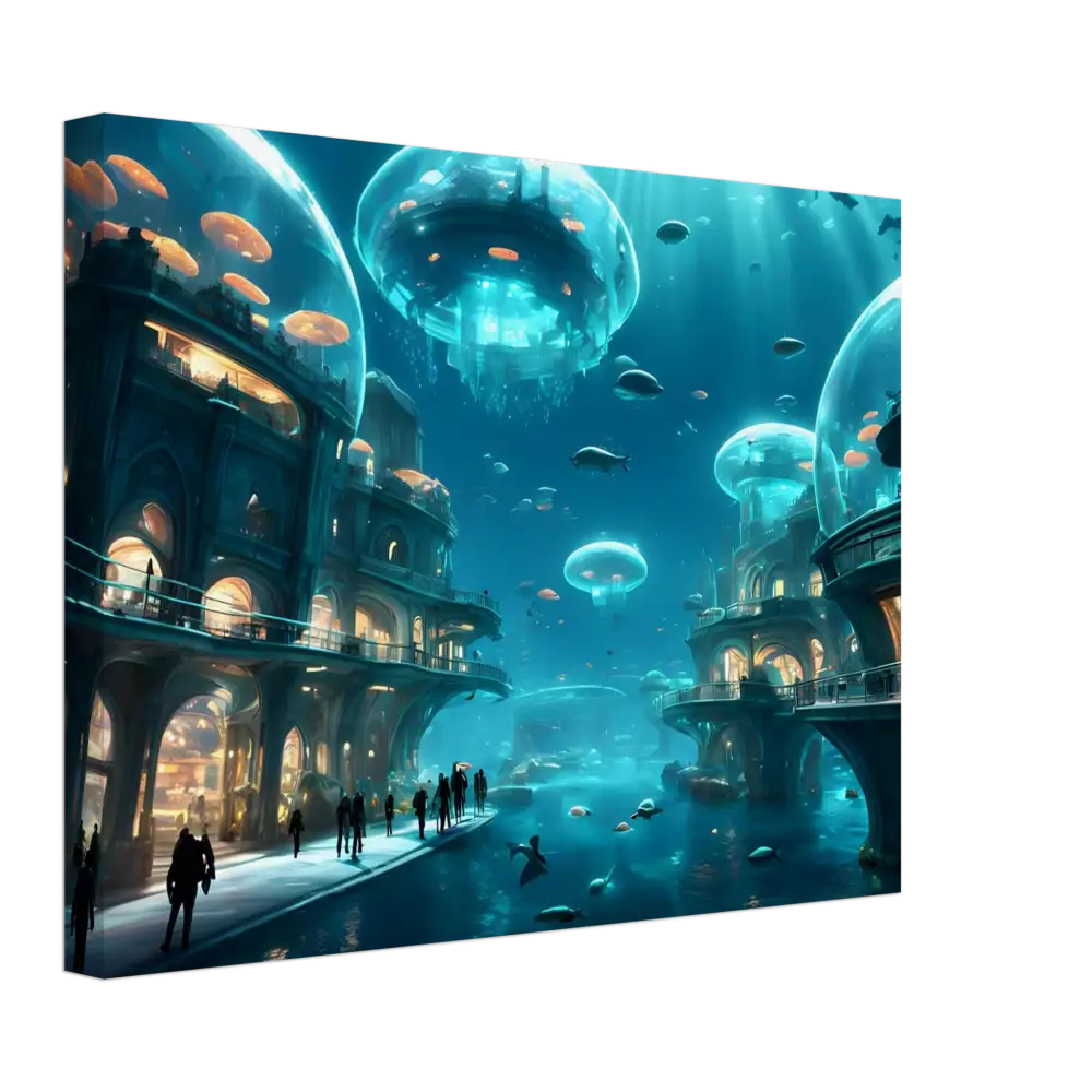 Underwater city with Jellyfish Domes showcased on City of the Abyss Canvas Coral Tech Haven Wall Art