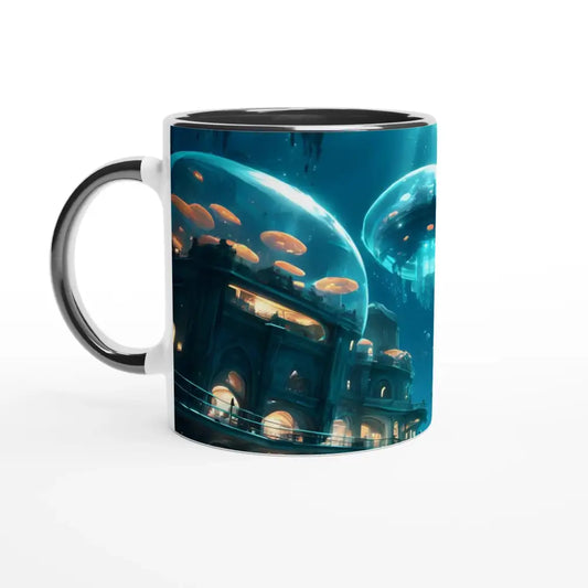 Two-tone PixiOnyx City of the Abyss Mug with underwater city design in 11oz ceramic cup