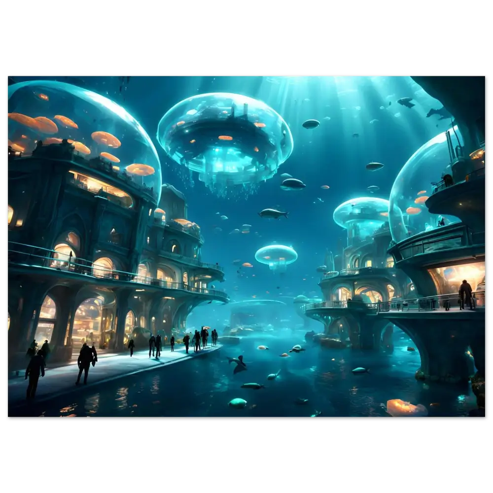 Underwater city with jellyfish-like structures displayed on City of the Abyss Poster by PixiOnyx