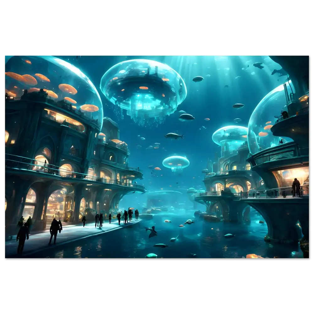 Underwater city with jellyfish-like structures on PixiOnyx Fine Art Print City of the Abyss Poster
