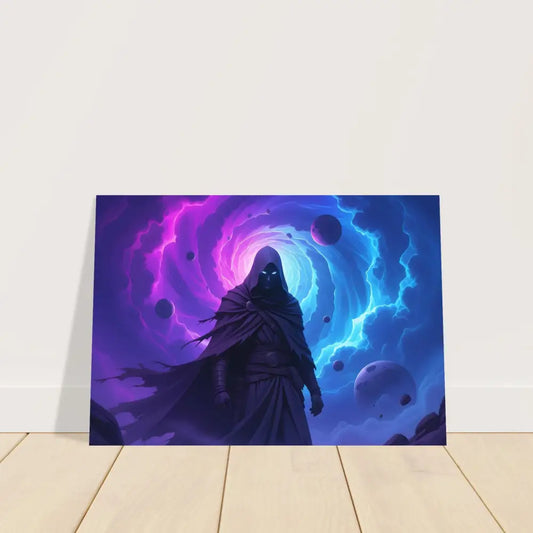 Hooded cosmic figure in celestial artwork for Cloaked Figure Poster – Voidwalkers Gate