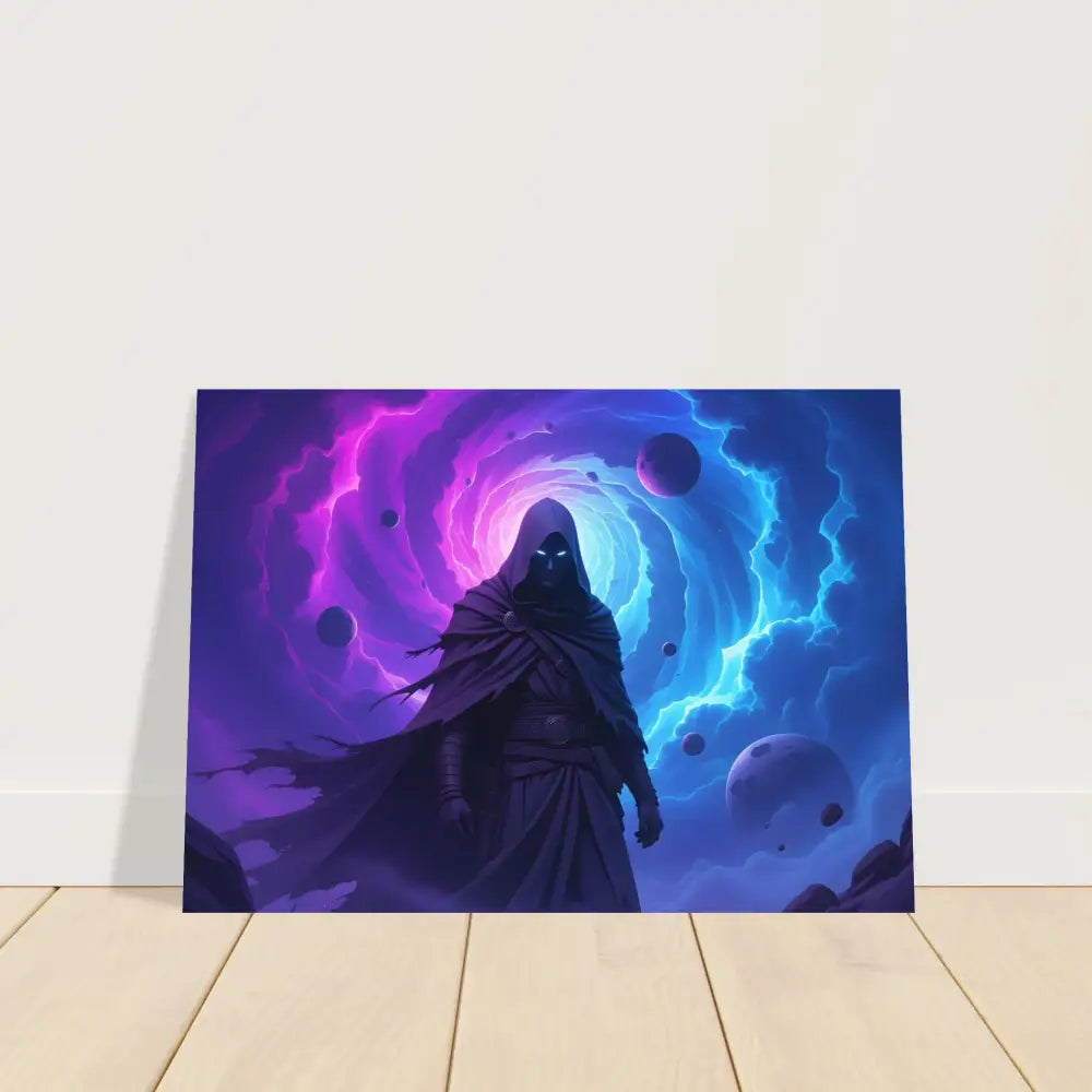 Hooded figure against cosmic backdrop for Cloaked Figure Poster Voidwalkers Gate PixiOnyx Fine Art Print