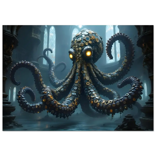 Steampunk-style octopus with glowing eyes on Clocktopus Fine Art Poster by PixiOnyx