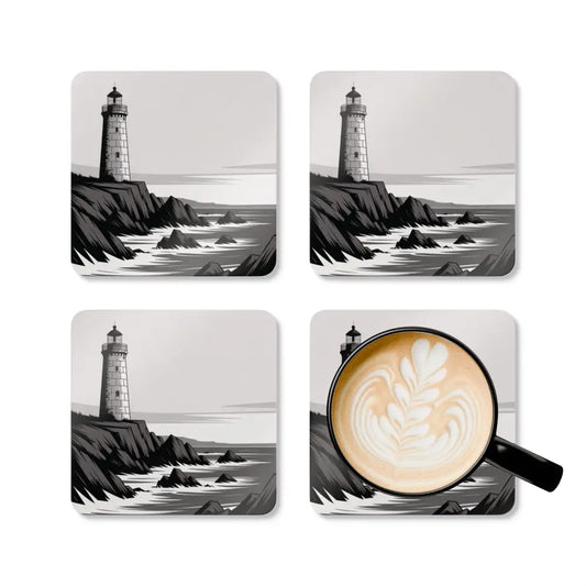 Coastal Lighthouse Cork Coaster Set with latte art design, ideal for home decor and entertaining
