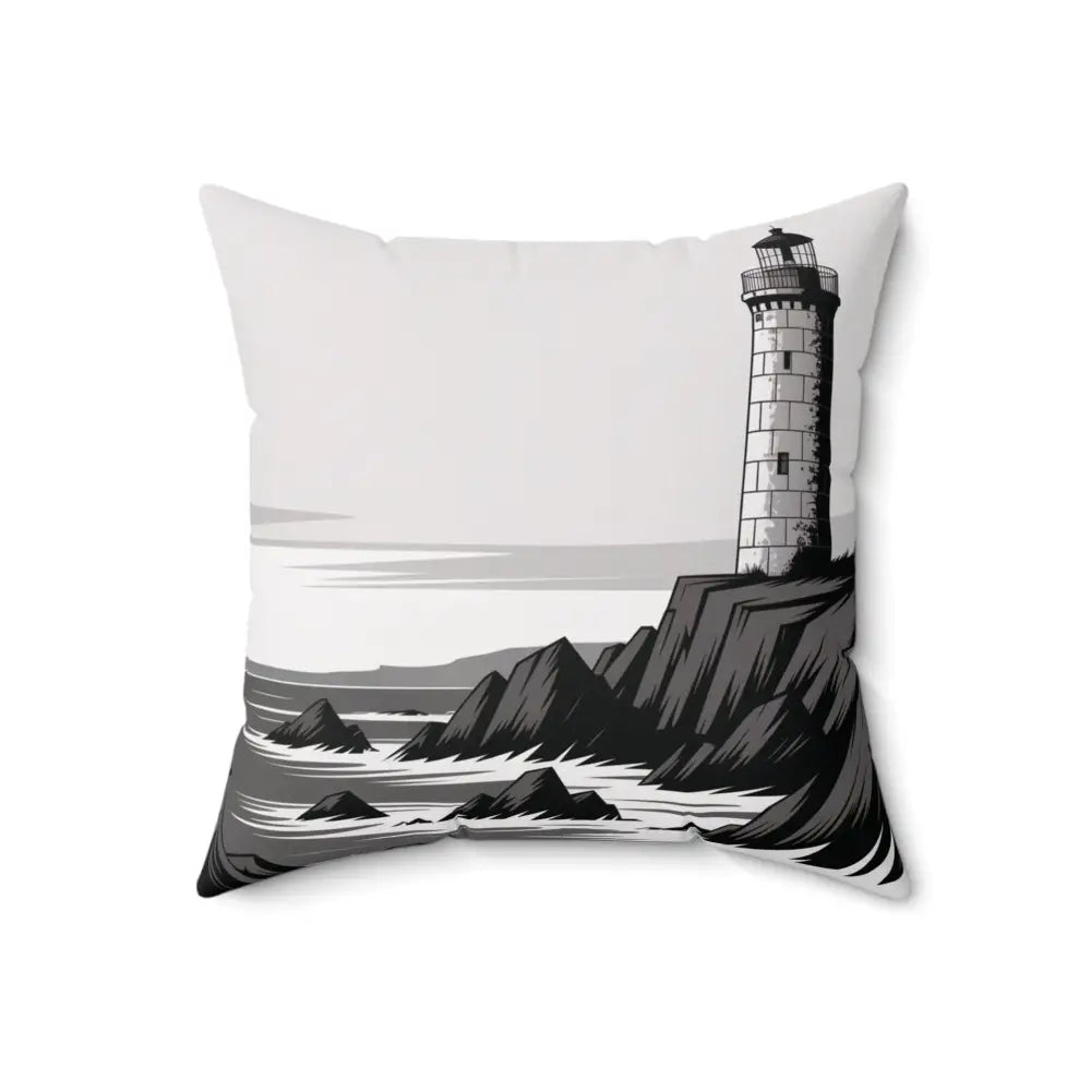 Decorative pillow cover with grayscale lighthouse and rocky coastline for beach lovers