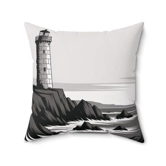 Square pillow cover with black and white lighthouse and rocky coast illustration for beach lovers