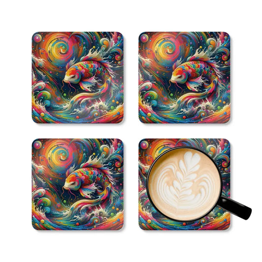 Colorful fish-themed coasters from PixiOnyx Psychedelic Surface Guardians Coaster Set Rainbow Koi