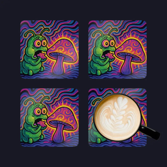 Psychedelic caterpillar and mushroom art on coaster set Shroomapillar Snack Attack PixiOnyx