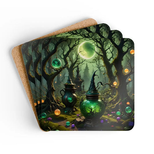 Square cork-backed coasters with spooky forest scene from PixiOnyx Witchcraft Forest series