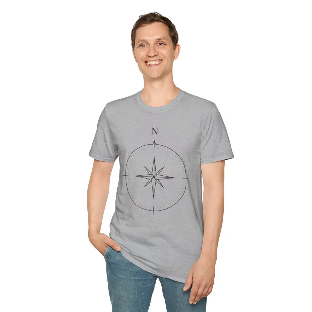 Smiling man in light gray compass graphic T-shirt made of ring-spun cotton for outdoor activities