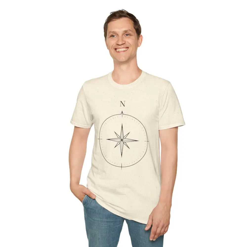 Man wearing cream compass graphic T-shirt made of ring-spun cotton for outdoor activities